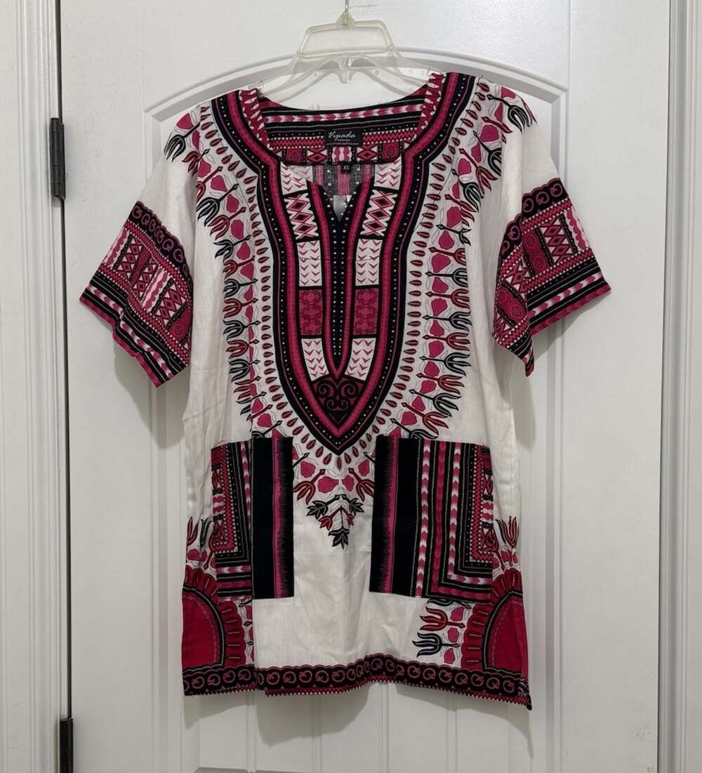 Vipada Handmade Traditional African Dashiki White & Hot Pink - Unisex Size XS